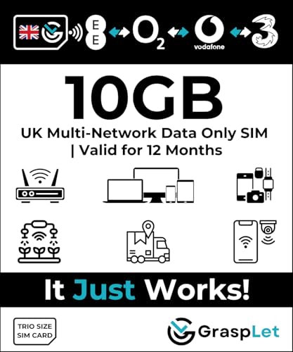 UK Multi-Network Data SIM Card | Automatically Selects the Strongest Network: EE, Three, O2, or Vodafone (10GB - 12 Months)