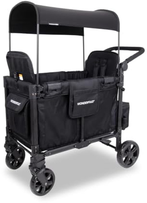 WONDERFOLD W2 Elite Pro Kinderwagen (2-Sitzer) – Zusammenklappbarer Kinderwagen mit Sitzen mit 5-Punkt-Gurten, verstellbarem Schiebegriff und verstellbarem Sonnendach, Tiefschwarz