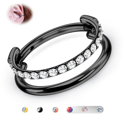 BodyBonita G23 Titan Knorpel Ohrring Gestapelter Clicker 16G CZ Doppelt Septum Piercing Conch Shmuck Tragus Daith Helix Ohrringe Nasenring Creolen für Frauen Männer Schwarz 10mm