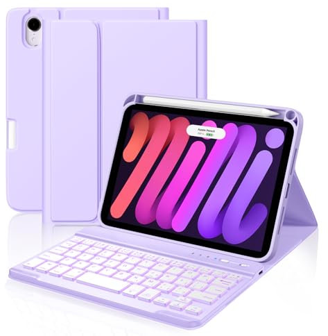 Cousper Custodia per tastiera per iPad Mini 7 A17 Pro 2024/iPad Mini 6 generazione con tastiera 2021 da 8,3 pollici, portamatite, copertura per tastiera rimovibile retroilluminata a 7 colori, per iPad