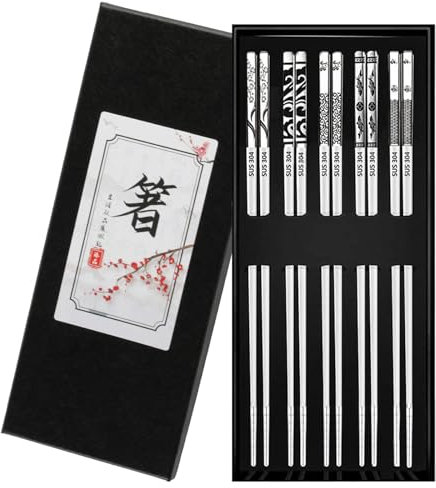 5 Paar Edelstahl Essstäbchen Spülmaschinenfest, Essstäbchen Edelstahl Chinesische Stäbchen zum Essen, Metall Essstäbchen Wiederverwendbare Japanische Essstäbchen Ess Stäbchen, Chopsticks Geschenkset