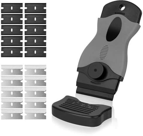 Flintronic Raschietto, Testa Singola Raschietto Vetroceramica con 20 Lame(10 in Acciaio Inox e 10 in Plastica), Set di Pulizia Multifunzione, Strumento di Pulizia per Finestre, Specchi, Piastrelle