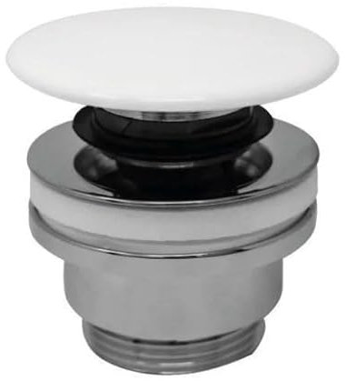 AMBRA WATER Piletta di scarico click clack in ottone cromato per lavabo o bidet con tappo tondo in ceramica bianco lucido e vite centrale 11/4