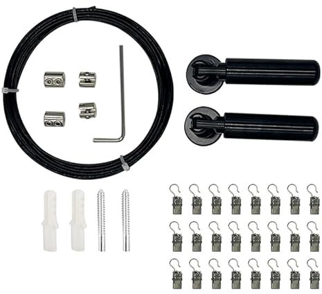 HaiFanWJ Cord Hanging System Wall Mounted Cord Set Stainless Steel 16.4 Ft (5 M) Tension Wire Window Clothesline Designed for Balconies and Bathrooms Complimentary 24 Hooks (Black)