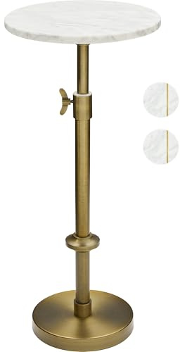 Adjustable-Height Marble Drink Table - 10x10x22-30, White Marble & Antique Brass, Modern Round End Table, Side Table with Pedestal Stand for Small Spaces, Vintage Metal Martini Cocktail Accent