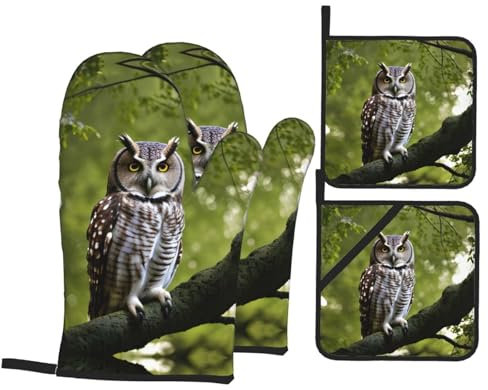 Küchenutensilien-Set mit Eulen-Motiv, hitzebeständig, Topflappen zum Kochen, 4-teilig