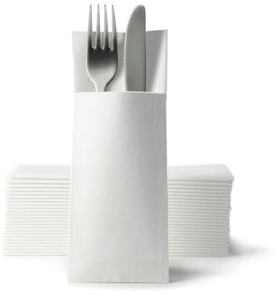 Gastroservietten.de Airlaid Besteckservietten, Bestecktaschen mit Serviette 32 cm x 40 cm, Bestecktasche Hochzeit, 50 Stück, Weiß