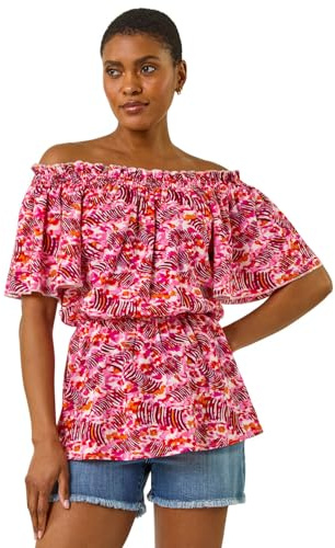 Roman Originals Abstract Print Bardot Top for Women UK - Ladies Everyday Holiday Spring Summer Comfy Soft Evening Vacation Work Party - Pink - Size 16