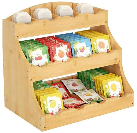Zbozzba Teebeutel Organizer Stehend Bambus, Teeregal Hochkant aus Holz mit 12 Staufächern,Gewürzregal Stehend, Teeboxen für teebeutel Tee Aufbewahrung, für Küche, Büro, Zuckerpackungen