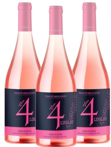 Tenute dello Jato IL 4 LUGLIO ROSATO IGP Terre Sic., vino rosato frizzante, esuberante, sentori di pesca, vaniglia e frutta esotica, fruttato. 13% vol., 3 bottiglie x750 ml.