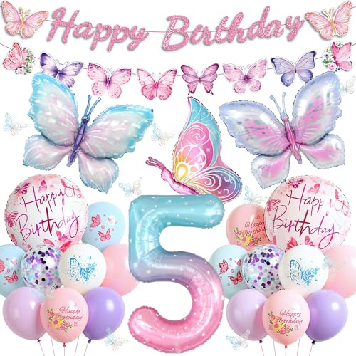Tasoraor Schmetterling Deko Geburtstag 5 Jahre Mädchen - 46 Stück Geburtstagsdeko Luftballons Girlande und Folienballon, Rosa Schmetterlinge Ballons für 5. Kindergeburtstag Dekoration