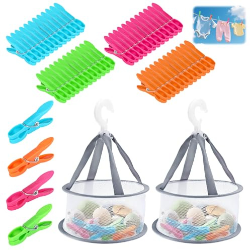 Staranry 48 Piezas Pinzas Ropa Fuertes con 2 Cesta | Colores Cesta para Pinzas De Ropa, Antideslizantes y Resistentes Al Viento, Cesto para Ropa, Calcetines, Toallas