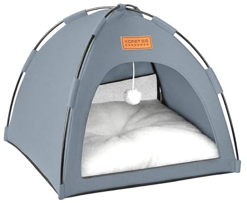 Cat Tent Cave Open Top Pet Kitten Tent Foldable Teepee with Removable Bed Mat for Small Dogs Cozy Monitoring Bed Portable Breathable House Bed Indoor Outdoor Travel (Grey, 40 * 40 * 35cm)