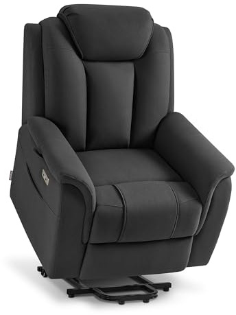 M MCombo Fernsehsessel mit Aufstehhilfe Elektrisch, 2 Rollen für Mobilität, Massage & Heizung, Verstellbare Kopfstütze, Sessel mit Aufstehhilfe 35D Vollschaum-Sitzkissen 7269 (Dunkelgrau-Mikrofaser)