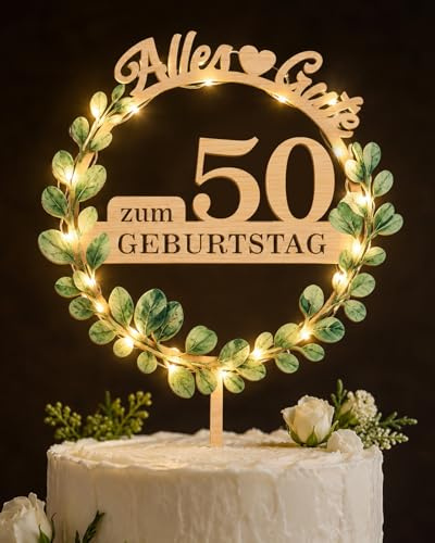Giftota Eukalyptus Tortendeko 50 Geburtstag Deko Männer Frauen | Elegant Cake Topper 50 Geburtstag aus Holz Eukalyptus Deko Torte mit LED Lichterkette - Tortendeko 50 Jahr