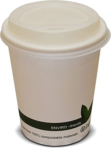 50-8oz (227ml) Disposable Biodegradable & Compostable Paper Coffee Cups with White Compostable Sip Lids (8oz (227ml) 50 Pack)