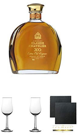 Claude Chatelier Cognac XO mit Etui 0,7 Liter + Nosing Gläser Kelchglas Bugatti mit Eichstrich 2cl und 4cl 2 Stück