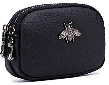 ZOONAI Genuine Leather Double Zipper Coin Purse Bee Change Pouch Credit Card Holder (Black)