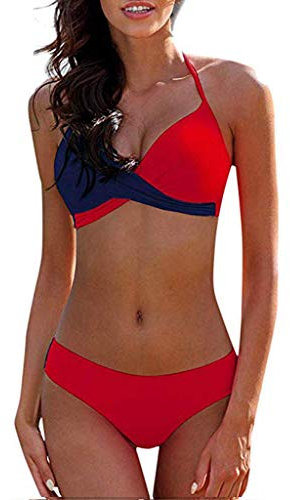 CheChury Damen Bademode Push Up Bikini Set Zweiteilige Badeanzug Strandkleidung Crossover Neckholder Triangel Oberteil Bikinihose Sexy Halter,Rot,L