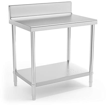 Royal Catering Table De Travail Inox Adossée Cuisine Plan De Travail Professionnel Avec Dosseret RCAT-90/60-N (90 x 60 cm, 210 kg, 2 Niveaux, Plan Renforcé, Pieds Réglables En Hauteur)