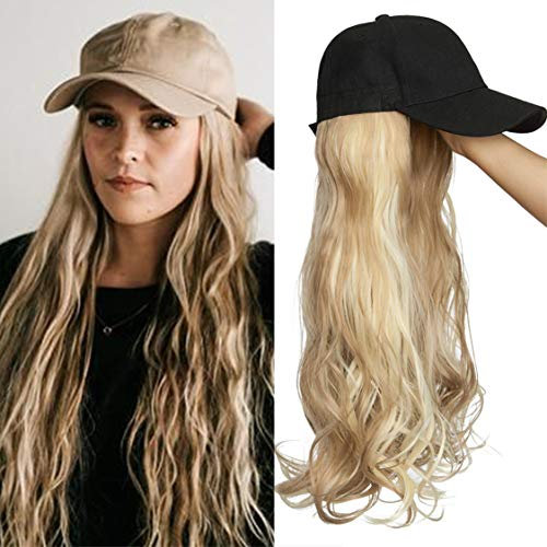 TESS Extensions wie Echthaar Ombre Hellbraun/Blond Haarteile mit Schwarz Baseball Cap Lang Gewellt Synthetische Haare für Damen komplette Haarverlängerung günstig 16(40cm)-290g