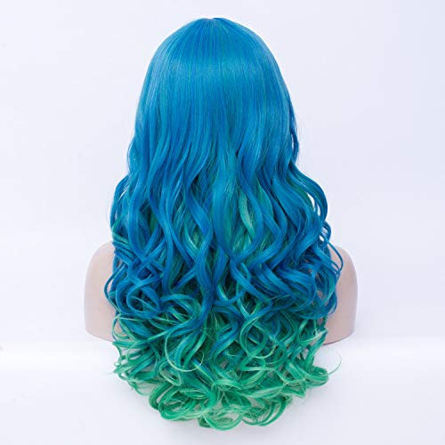 Perücke Blau Grün Lang Gewellt/Gelockt Locken Perücken für Damen Frauen Kinder Cosplay Kostümparty Halloween Karneval Fasching Bunt Wig VD028