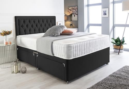Sleep Factory's Black Suede Chesterfield Divan Bed Set & Memory Foam Mattress 3FT Single 4FT6 Double 5FT King- (2.6FT (Small Single), No Drawers)