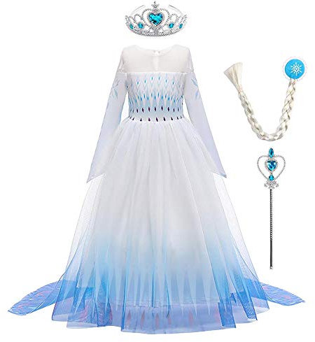 IWEMEK Filles Déguisements Princesse Elsa Robe et Accessoires Reine des Neige 2 Costume de Carnaval Halloween Noël Robes de fête Soirée Anniversaire Cérémonie Partie Habillée B-Bleu 02 Set 5-6 Ans