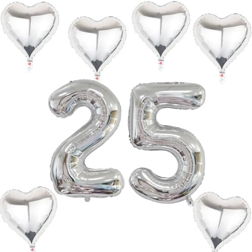 XXL Folienballon 25 Geburtstag, Folienballon Zahl 25, Folienballon Zahl 25 Silber, Luftballons Zahl 25, Nummer 25 Luftballon Silber, Folienballon 40 Geburtstagsdeko Ballon Zahl 25