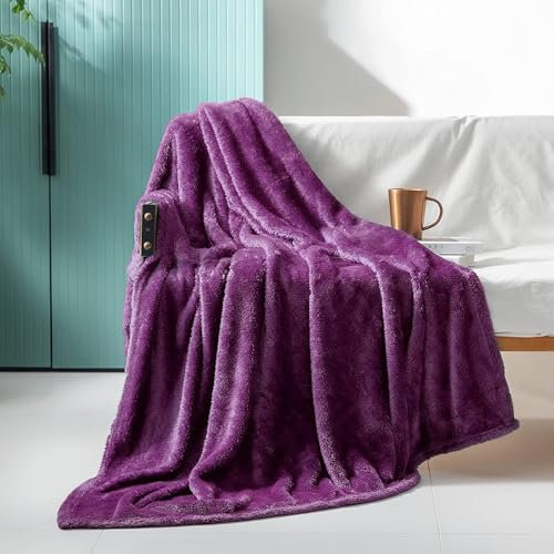 Exclusivo Mezcla Plush Fuzzy Fleece Throw Blanket 127x178 CM, Super Soft, Fluffy and Warm Blankets for Couch, Bed, All Season Use, Purple