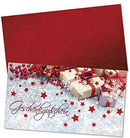 GESCHENKGUTSCHEINcom by POS-HAUER. Gutschein-Set. 50x Gutschein + Kuvert. Für Weihnachten, weihnachtliches Motiv, für Unternehmen, blanko zum selber Ausfüllen.