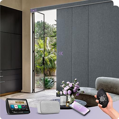 Graywind Smart Sliding Panel Track Blinds Blackout, Hardwired Room Dividers Compatible with Alexa Google, Remote Motorised Rail Track Blinds for Patio Door, Dark Grey