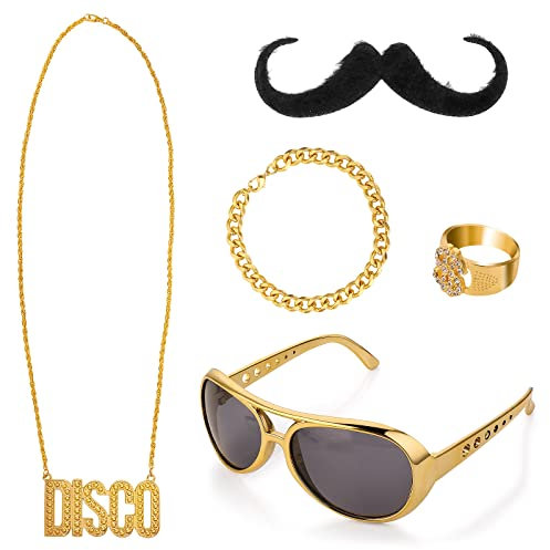 Yolev 80er Jahre Accessoires Herren Goldkette Hip Hop 60er 70er Hippie Kleidung Halloween Accessoires Set Disco Kostüm Damen Disco Kette Dollarzeichen Ring Sonnenbrille Bart Hippie Brille Mottoparty