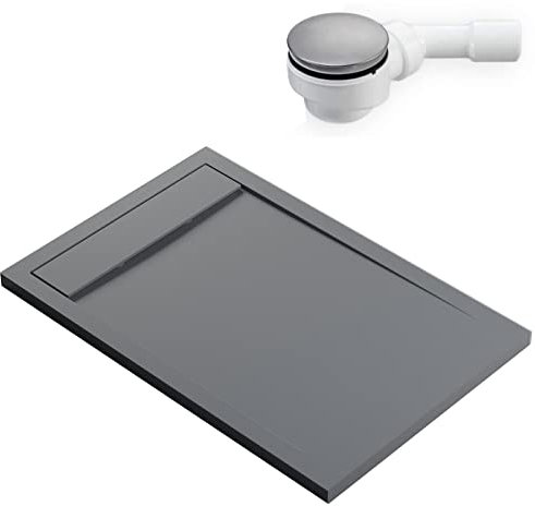BERNSTEIN - Receveur de douche rectangulaire Gris Béton 80x120x4,5cm Bac douche Fonte minérale antidérapant + Bonde type B, Pente & Couvercle, Résistant & Durable - NEW YORK