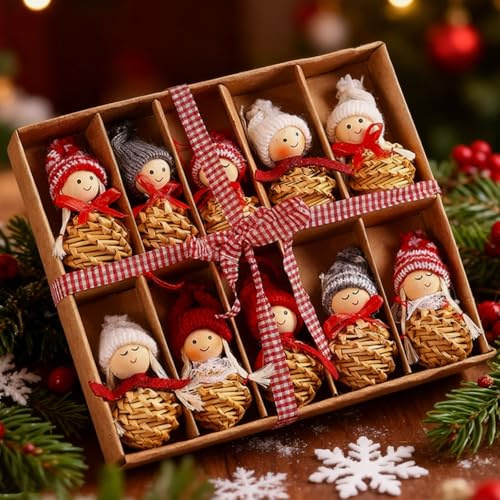 HERZWILD 10pcs Weihnachtswichtel Anhänger Weihnachtsbaumschmuck aus StrohKleine Wichtel Anhänger für den Weihnachtsbaum (Natur 10pcs)
