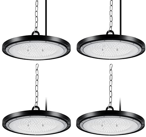 4er 150W UFO LED High Bay Light, 15000LM LED Hallenstrahler, 6000K-6500K Tageslichtweiß Ultradünne Werkstattlampe, IP65 Wasserdichte Industrielampe High Bay Licht für Fabriken,Garage,Lagerhaus