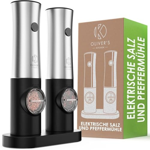 Oliver's Kitchen ® Salero y Pimentero Eléctrico - Molinillo Pimienta Eléctrico y Salero Eléctrico con Base USB-C Recargable - Funciona con 1 Toque - Molienda Ajustable - Molinillo Eléctrico Luz LED