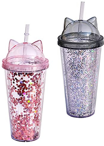 VONGLYHOO Water Bottle with Straw Glitter Water Cup Double Layer Cup Drinking with Cat Ear for Girl Gift 2pcs 400-500ml Pink Grey Double Layer Tumbler with Straw Cute Bottle