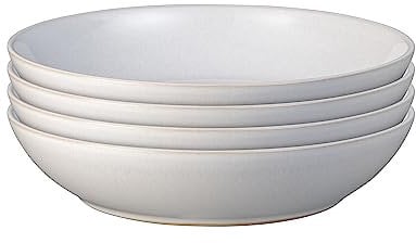 Denby - Elements Stone White Pasta Bowls Set of 4 - Dishwasher Microwave Safe Crockery 1050ml 22cm - White Ceramic Stoneware Tableware - Chip & Crack Resistant