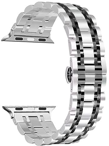 CeiBand Correa Métal para Apple Watch 38mm/40mm/41mm, Hombres Mujer Acero Inoxidabl Correas Muñequeras para Apple Watch 44mm/42mm/45mm/46mm/49mm (Negro/Plata)