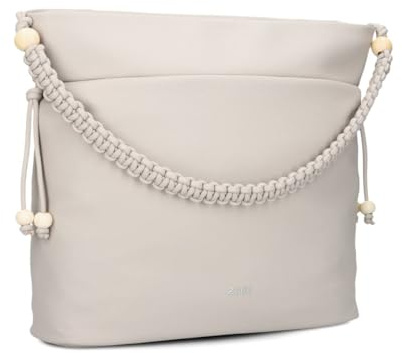 Zwei Damen Schultertasche Perla PE140 Shopper 12 Liter Perlen-Verzierung geflochtener Makramee-Tragegurt + langer Schultergurt + Schlüsselband