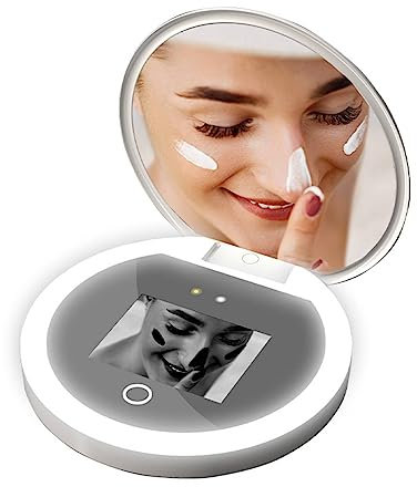 Reise-Make-up-Spiegel mit UV-Kamera für Sonnenschutztests, HD-Bildschirm mit 2-facher Vergrößerung, 97 Mm, 3,5 Zoll, LED-Licht auf Dem Bildschirm, Tasten Zur Steuerung der