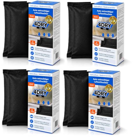 4DRY Duo-Autoentfeuchter 2×750 g | 4 Stk | Gegen beschlagene Scheiben | Autoentfeuchter, wiederverwendbar, nimmt bis zu 600 ml pro Pack, Feuchtigkeit auf, verhindert Beschlag.