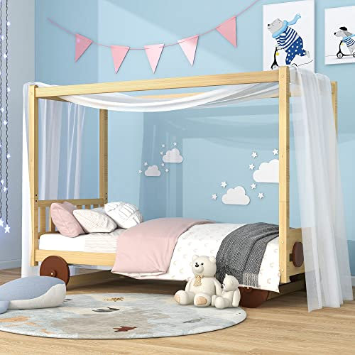 Idemon Autobett, Kinderbett mit MDF-Rädern, kann mit Bettvorhängen ausgestattet Werden, Abnehmbarer Rahmen, Rahmen aus Kiefer, Natur (90x200cm)