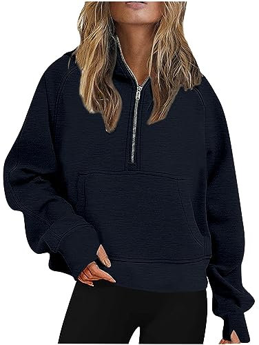 AnnSemo Sweatshirts for Women UK Half Zip Cropped Hoodies Casual Long Sleeve Jumpers with Pockets Funnel Neck Fleece Lined Tops Y2k Thumb Hole Pullover Winter Coat Christmas