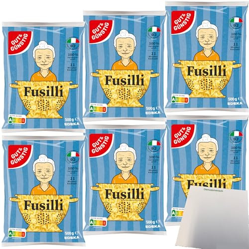Gut&Günstig Nudeln Fusilli Pasta aus Italien 6er Pack (6x500g Packung) + usy Block