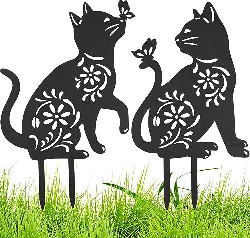 QINGLANG Lot de 2 statues de jardin en métal avec silhouette de chat noir - Décoration de jardin créative - Piquet - Décoration pour la maison, la cour, la terrasse, le jardin (chat)