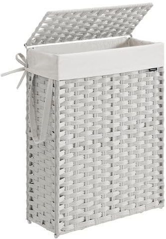SONGMICS Slim Laundry Basket, 55L Synthetic Rattan Storage Basket with Lid and Handles, Wicker, Foldable, Removable Liners, for Blankets, Clothes, Laundry Room, Cloud White LCB164W01