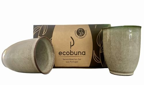 ECOBUNA® Juego de 2 tazas de cerámica de 200 ml, tazas de café, tazas de gres sin asa, hechas a mano en Portugal, ideal para bebidas frías y calientes, color: capuchino (gris capuchino, 200 ml)