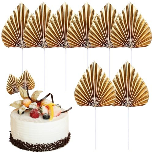 8 Pcs Paper Palm Fan Cake Toppers | Gold Palm Leaf Party Decorations | Hawaiian Cake Decorations | Tropical Theme Party Supplies